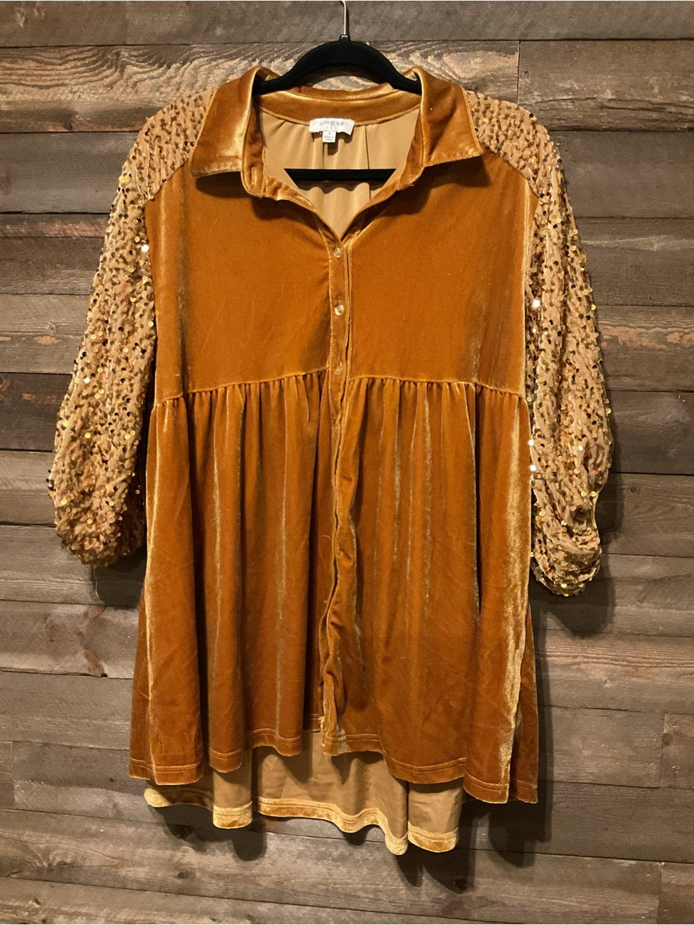 Umgee Velvet Tunic Top Mustard Orange Sequin Sleeves Women’s Medium
